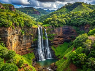 Fototapeta premium Serene waterfall cascading amidst lush foliage in the picturesque Waimea Canyon