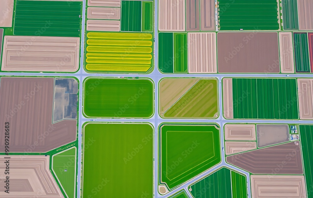 Poster an aerial shot of farmland with fields arranged in geometric patterns, divided by neat roads and irr