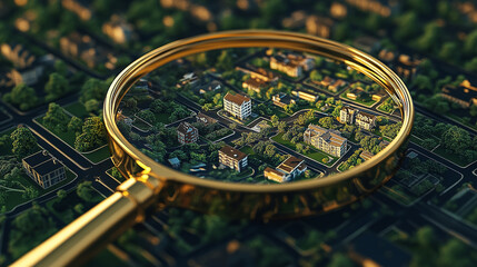 A magnifying glass hovers over a map of a bustling neighborhood, highlighting a home, symbolizing the careful selection of the perfect residence in an urban environment
