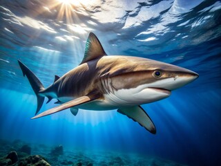 Fototapeta premium In the vast expanse of the ocean, an enormous white tip shark navigates its territory with ease, its