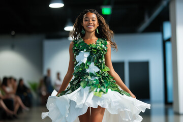Naklejka premium An eco-friendly fashion show showcasing sustainable designs made from recycled materials, promoting environmental awareness. 
