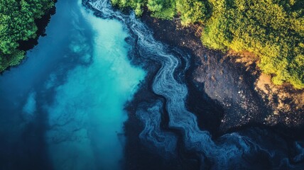 Aerial view of a river with contrasting turquoise water and dark shorelines surrounded by lush green vegetation.