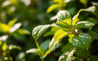Obraz premium Fresh, vibrant green leaves covered in small dew droplets glisten under the soft morning sunlight.