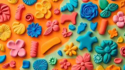 Fototapeta premium Vibrant modeling clay pieces shaped into whimsical animal and floral forms blending colors seamlessly on a bright cheerful background Showcasing the creative