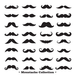 A collection of different black silhouettes of mustaches in various styles and shapes, on a white background