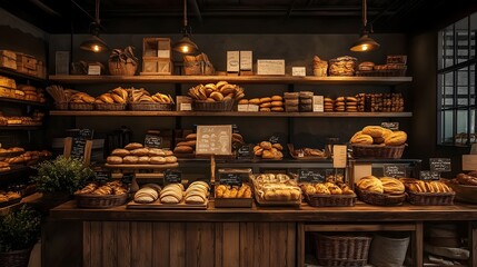 Fototapeta premium A cozy inviting bakery showcasing a variety of freshly baked breads pastries and other delectable baked goods on rustic wooden shelves with an emphasis on the warm