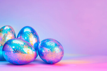 Holographic metallic painted Easter eggs on gradient background with copy space, vivid colorful Easter banner.