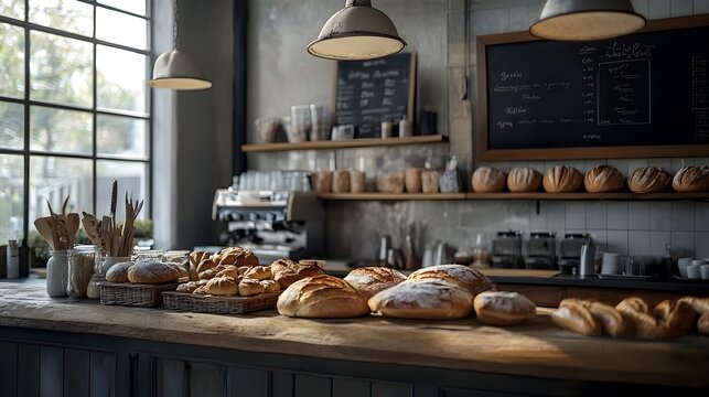 Rustic bakery counter displaying an assortment of freshly baked breads pastries and chalkboard menu in a cozy natural light filled setting
