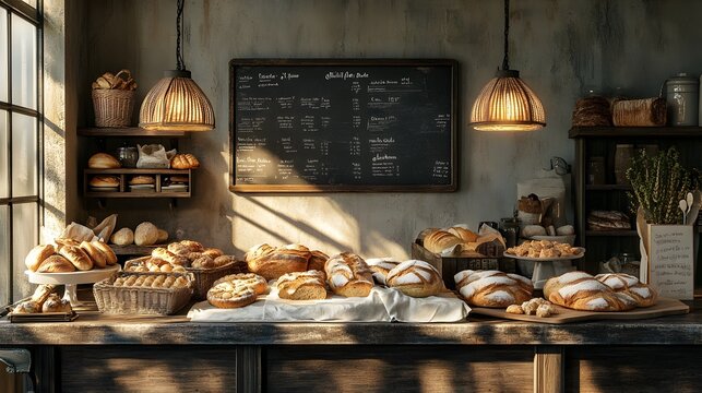 Rustic bakery counter showcasing a variety of freshly baked loaves of bread pastries and a chalkboard menu in a cozy natural lit environment