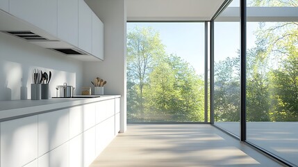 Fototapeta premium Minimalist kitchen design with sleek white cabinetry clean countertop and large windows allowing natural light to flood the space