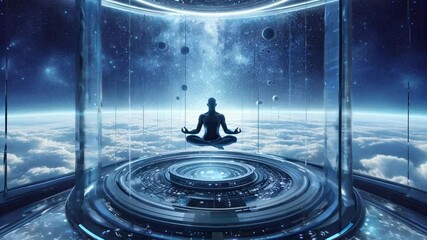 Futuristic meditation sanctuary, with glass walls offering panoramic views of space, a meditating figure floating in zero gravity, surrounded by stars