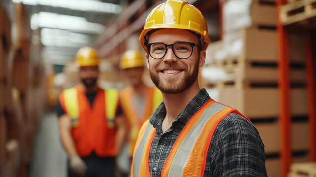 A man wearing a hard hat, safety glasses, and a reflective vest is standing in a warehouse or factory, with other workers in the background