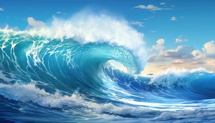 Large, powerful blue wave crashing into the ocean, creating white foam. Ideal for backgrounds, energy, power, nature, and water related concepts. Generative AI