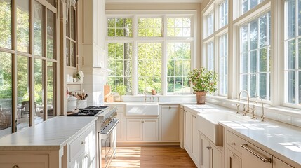 Bright and airy farmhouse inspired kitchen design featuring light colored cabinets a farmhouse sink and a cozy breakfast nook surrounded by large windows that let in plenty of natural light