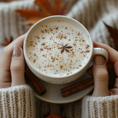 Autumn concept. First person top view shot of woman's hands in sweater holding cinnamon sticks aniseed sparkling drink on isolated beige background. Made with generative ai