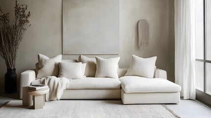 A serene and contemporary living room featuring a neutral color scheme a simple sofa with clean lines and a few well selected decorative elements that create a harmonious and calming atmosphere