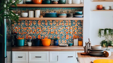 Stylish and Functional Kitchen Design with Vibrant Dishware Display on Open Shelves and a Colorful Backsplash for Efficient and Inviting Cooking and Dining Experience