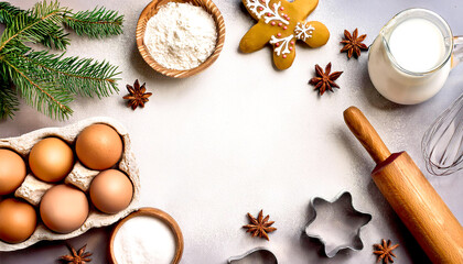 Fototapeta premium Weihnachtsplätzchen backen, Utensilien von oben 