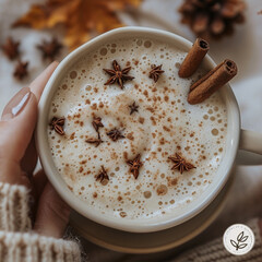 Autumn concept. First person top view shot of woman's hands in sweater holding cinnamon sticks aniseed sparkling drink on isolated beige background. Made with generative ai