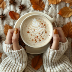 Autumn concept. First person top view shot of woman's hands in sweater holding cinnamon sticks aniseed sparkling drink on isolated beige background. Made with generative ai