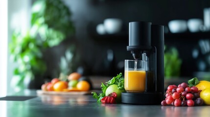 A glass of freshly prepared healthy smoothie with an assortment of fruits and vegetables including oranges tomatoes and leafy greens