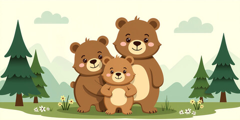 Fototapeta premium Bear family cartoon with a sunny, green backdrop
