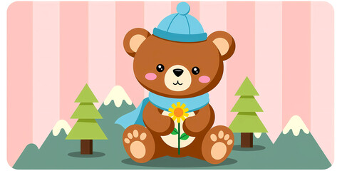 Fototapeta premium Bear sitting with a flower in winter