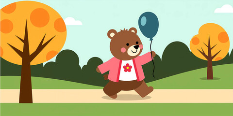 Naklejka premium Bear with a blue balloon on a sunny day