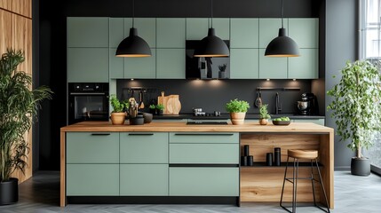 A harmonious blend of modern design and nature inspired colors in this stylish mint green kitchen featuring sleek black hardware light wood island and a bright clean aesthetic