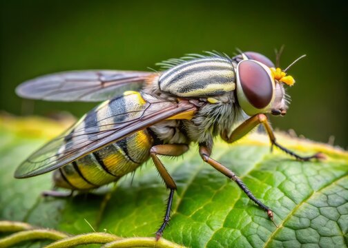 Softly illuminated, a grey botfly's yellow-striped exoskeleton and rounded abdomen are showcased on a leaf, a stunning