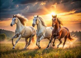 Obraz premium Stately horses traverse a sun-splashed meadow, their hooves pounding the earth, exuding an air of regal elegance and