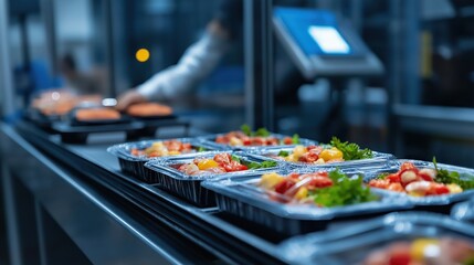 An assortment of colorful fresh and tempting culinary dishes arranged on trays showcased in a professional restaurant or catering setting