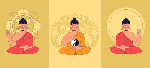Fototapeta premium Set of posters with Buddha Theravada in lotus position meditating. Concept of Buddhism philosophy