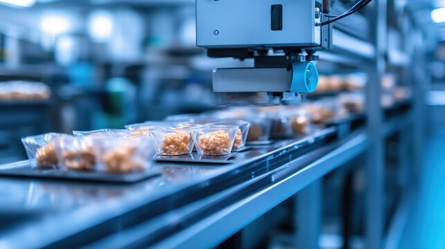 Automated industrial bakery production line with conveyor belt transporting packaged cookies baked goods and confectionery snacks in a modern warehouse or factory setting
