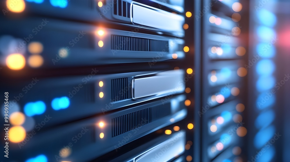 Poster close up of data servers with glowing lights, abstract technology background.