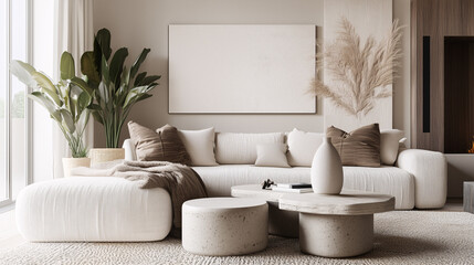 Stylish neutral living space featuring plush linen sofas, soft wool throws, and textured stone planters, designed with a luxurious, fashion-forward aesthetic
