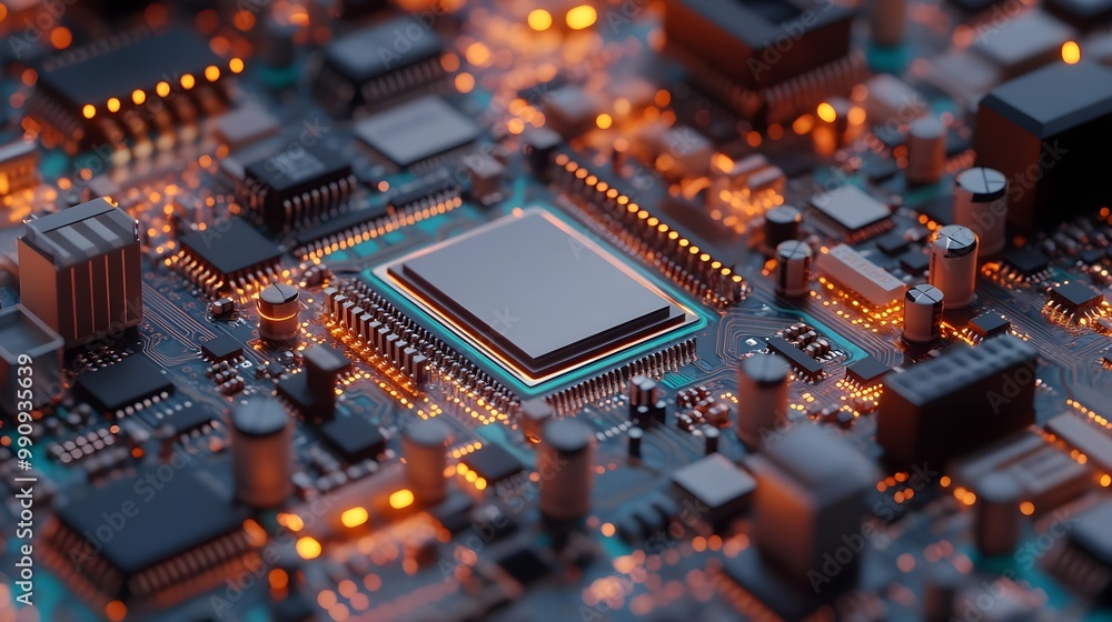 Poster close-up of a computer circuit board with intricate details and glowing components.