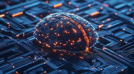 Abstract digital brain made of interconnected circuits and glowing nodes