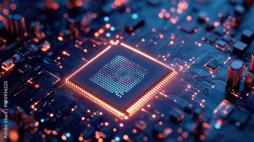 Poster close up view of a glowing illuminated microchip circuit board with complex electronic components an