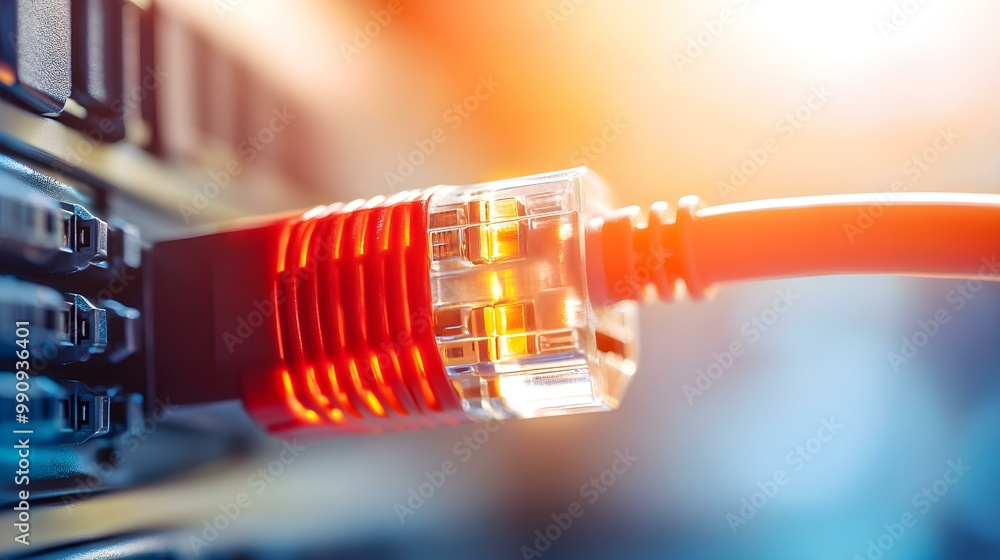 Poster close-up of a network cable connecting to a device with vibrant lighting.