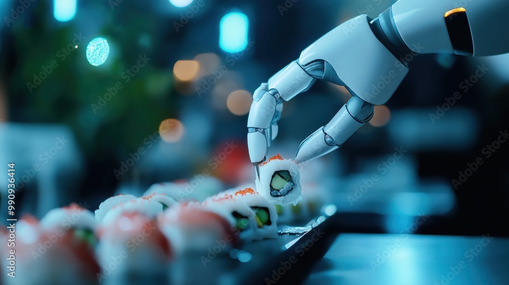 Poster close up view of a robotic hand delicately touching and manipulating a digital surface in a futurist