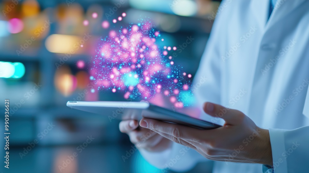 Poster closeup view of a digital device or smartphone screen with dynamic colorful and glowing lights creat