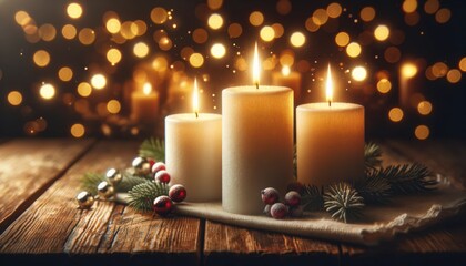 Three white candles on a wooden table with festive lights in the background