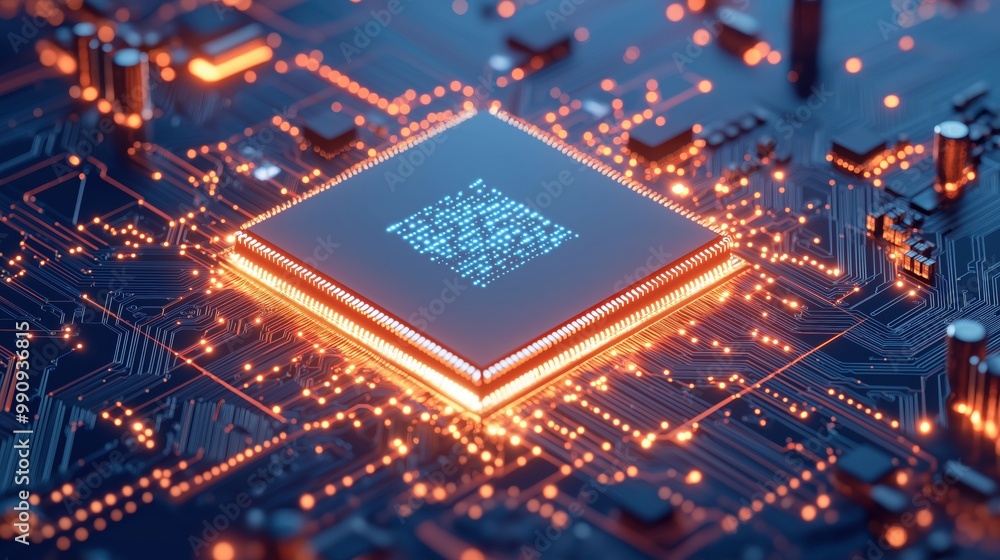 Poster closeup view of an illuminated intricate microchip circuit board showcasing the complex and innovati
