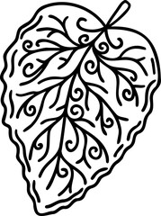 Stylized decorative line art tree leaf. Zentangle patterned autumn hand drawn contour leaf, abstract decorative design element	