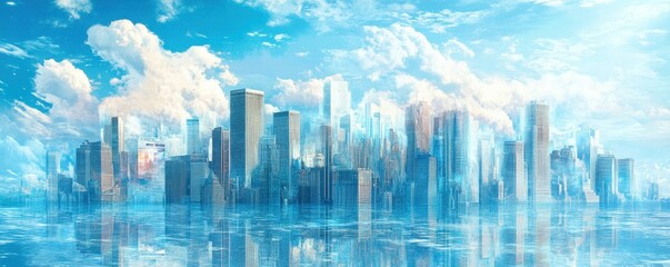 Fototapeta premium Modern city skyline reflecting in water under a bright blue sky with fluffy clouds.