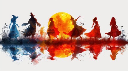 Design Pop Color silhouette illustrations of spooky Halloween The Phantom of the Opera in various activities ,with bold lines and simple design, placed on a white background 