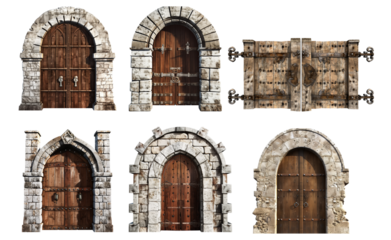 Vintage wooden castle door set isolated on transparent or white background
