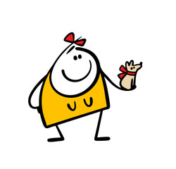 Cartoon beautiful fat girl came to the dog and puppy show. Vector illustration of a pet and a hostess with  red bow. Doodle funny character  holding a small domestic animal.