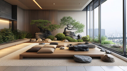 Fototapeta premium Tranquil Zen garden room with floor cushions, a low tea table, bonsai trees, and natural elements like stones and wood for a peaceful atmosphere 